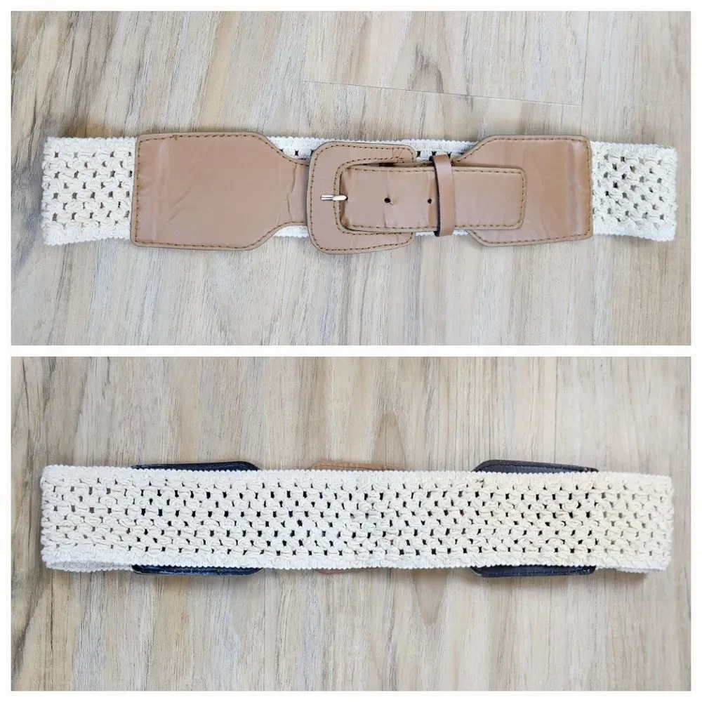 🩵Cream & Brown Wide Elastic Woven Knit Belt Large
